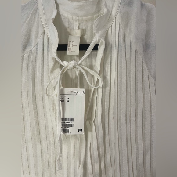 H&M HM White Long Sleeve Pleated Plisse Babydoll Boho Dress Size US 12 NWT - Picture 5 of 7